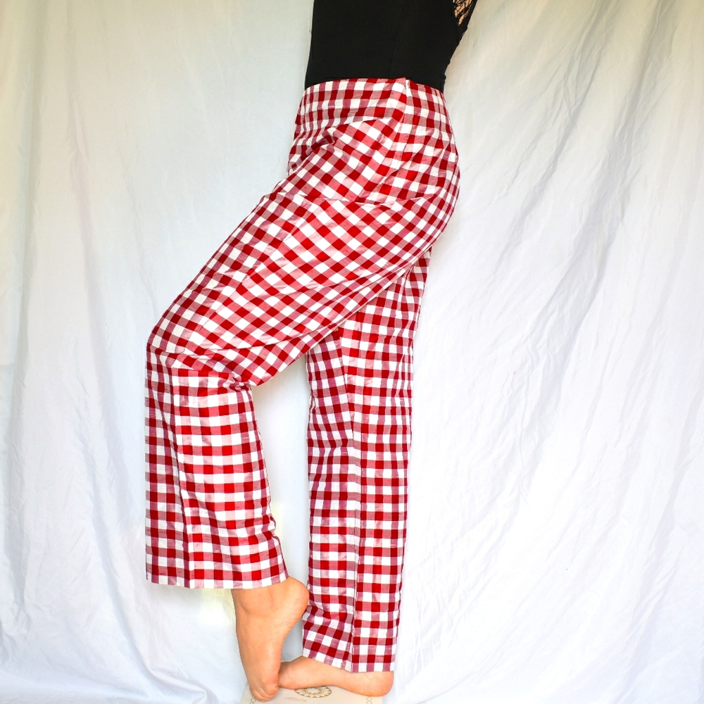 INC Medium Red White Checkered Gingham Silk Pants